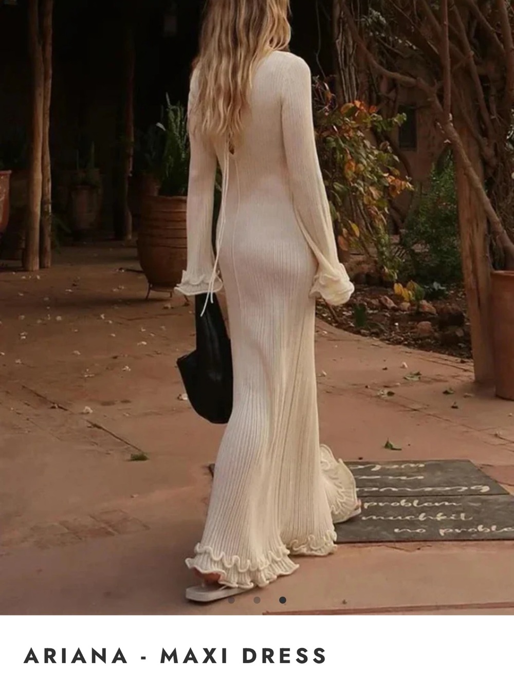 Cream Ribbed Maxi Dress with Flared Ruffle Sleeves - Picture 3 of 3